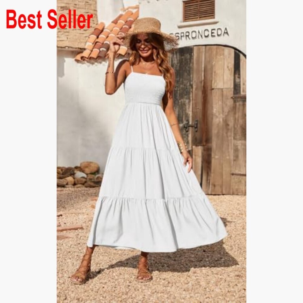 Polyester Maxi Dress with Spaghetti Straps Smocked Bodice Tiered - Picture 2 of 7